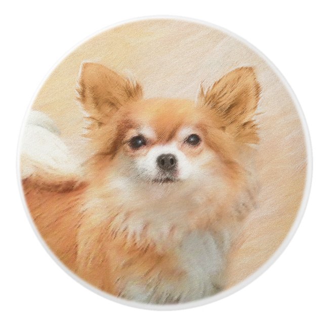 Chihuahua Long-Haired Dog Painting Original Art Ceramic Knob (Front)