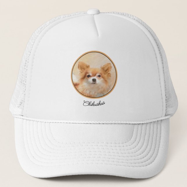 Chihuahua Long-Haired Dog Painting Original Art Trucker Hat (Front)