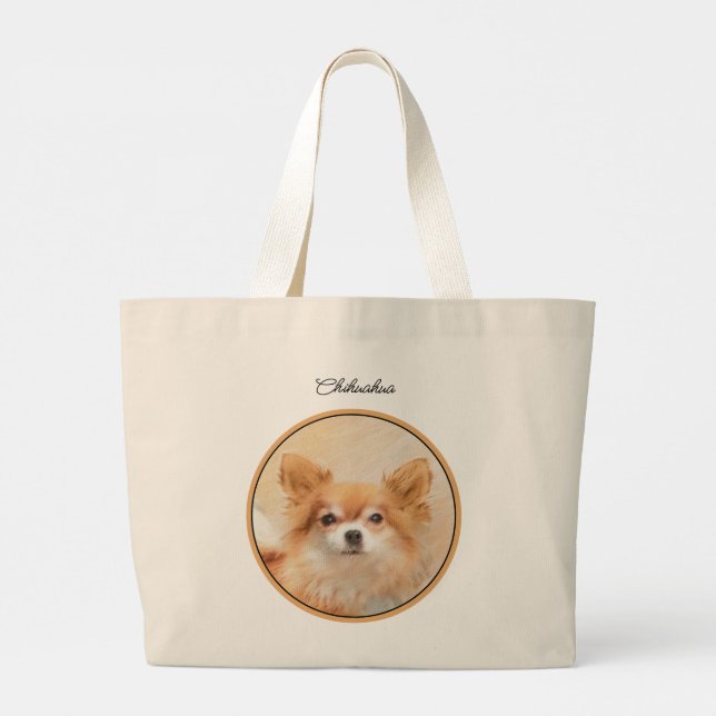 Chihuahua Long-Haired Painting Original Dog Art Large Tote Bag (Back)