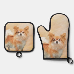 Chihuahua Long-Haired Painting Original Dog Art Oven Mitt & Pot Holder Set