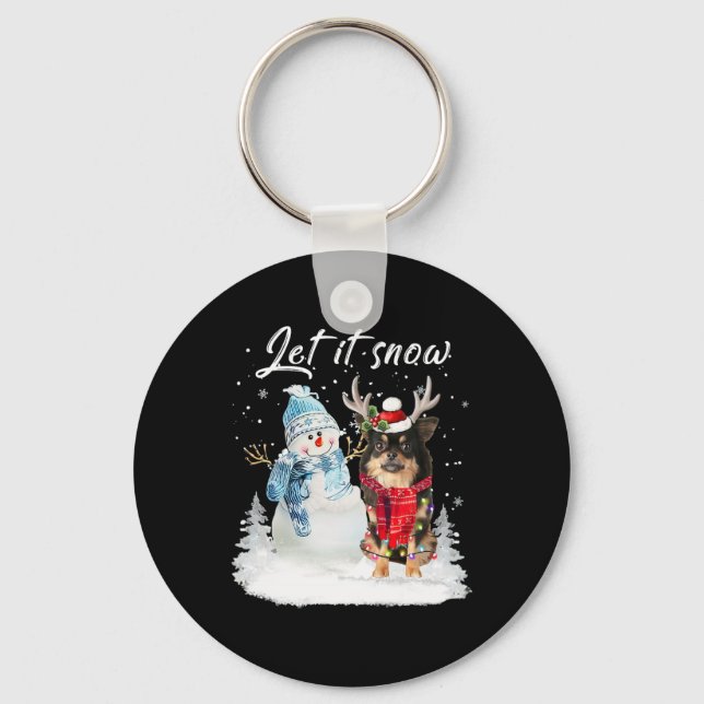 Chihuahua Long Haired Santa Dog Christmas Snowman  Key Ring (Front)
