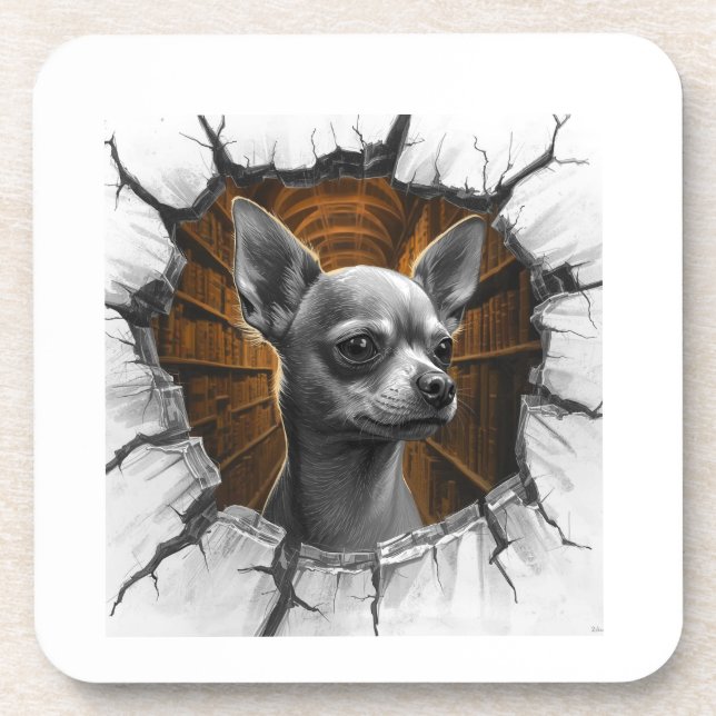 Chihuahua Peers Through A Grey Wooden Wall Coaster (Front)