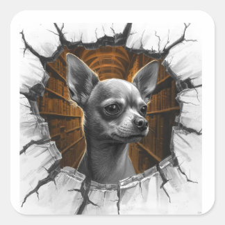 Chihuahua Peers Through A Grey Wooden Wall Square Sticker