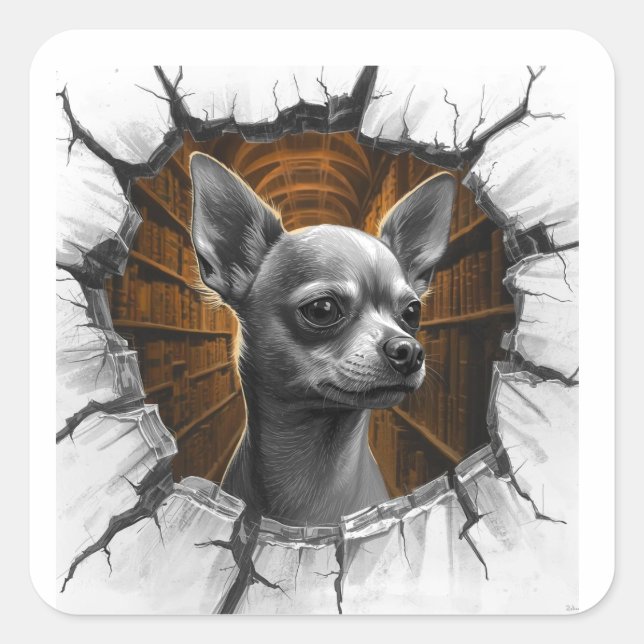 Chihuahua Peers Through A Grey Wooden Wall Square Sticker (Front)