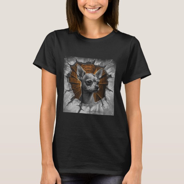 Chihuahua Peers Through A Grey Wooden Wall T-Shirt (Front)