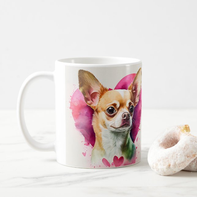Chihuahua Portrait with Heart Pattern Coffee Mug (With Donut)