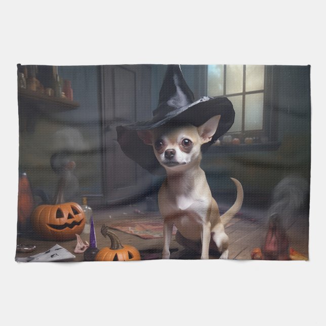 Chihuahua Pumpkins Halloween Scary Tea Towel (Horizontal)