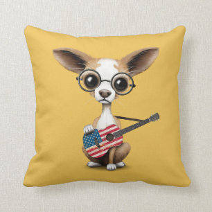 Chihuahua Puppy Dog Playing American Flag Guitar Cushion