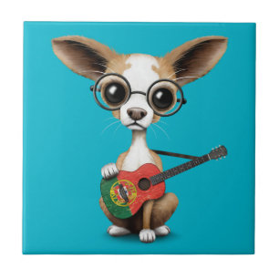 Chihuahua Puppy Dog Playing Portuguese Flag Guitar Ceramic Tile