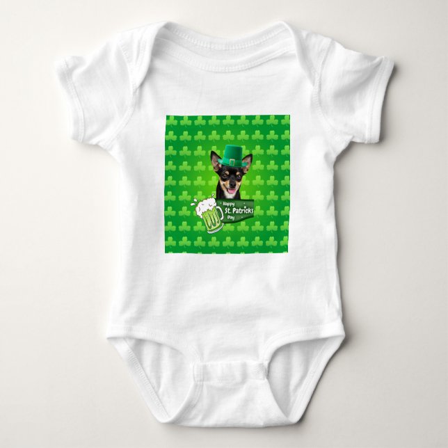 Chihuahua Puppy Dog St. Patrick's Day Green Clover Baby Bodysuit (Front)