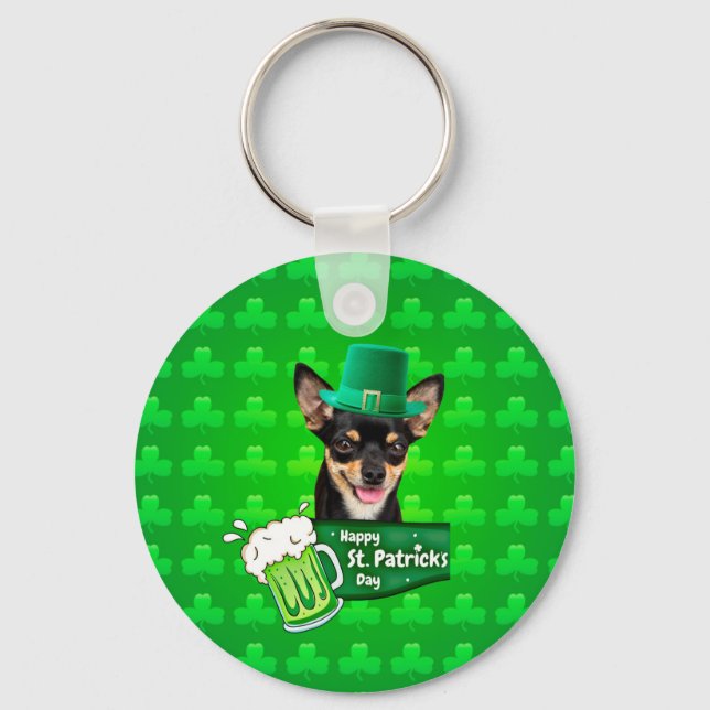 Chihuahua Puppy Dog St. Patrick's Day Green Clover Key Ring (Front)