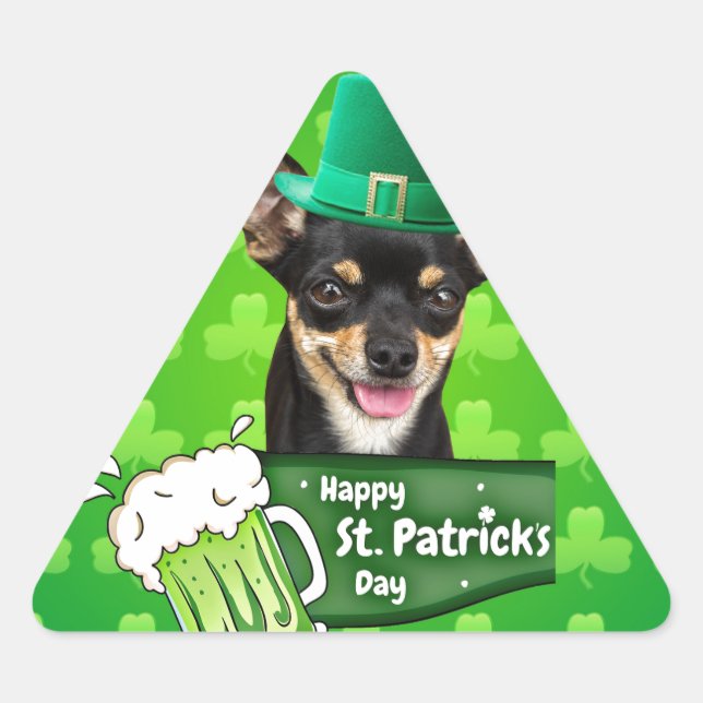 Chihuahua Puppy Dog St. Patrick's Day Green Clover Triangle Sticker (Front)