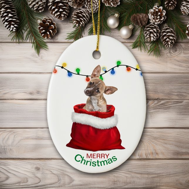 Chihuahua Puppy in Gift Bag Christmas Ceramic Ornament (Creator Uploaded)