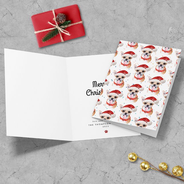 Chihuahua Puppy In Santa Hat Christmas Pattern Holiday Card (Inside Right and Front)