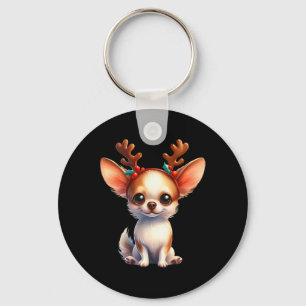 Chihuahua Reindeer Santa Hat Xmas Lights Christmas Key Ring