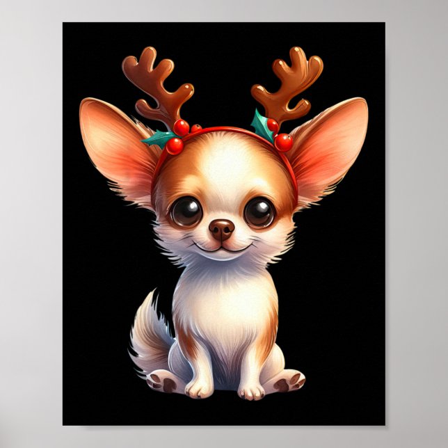 Chihuahua Reindeer Santa Hat Xmas Lights Christmas Poster (Front)
