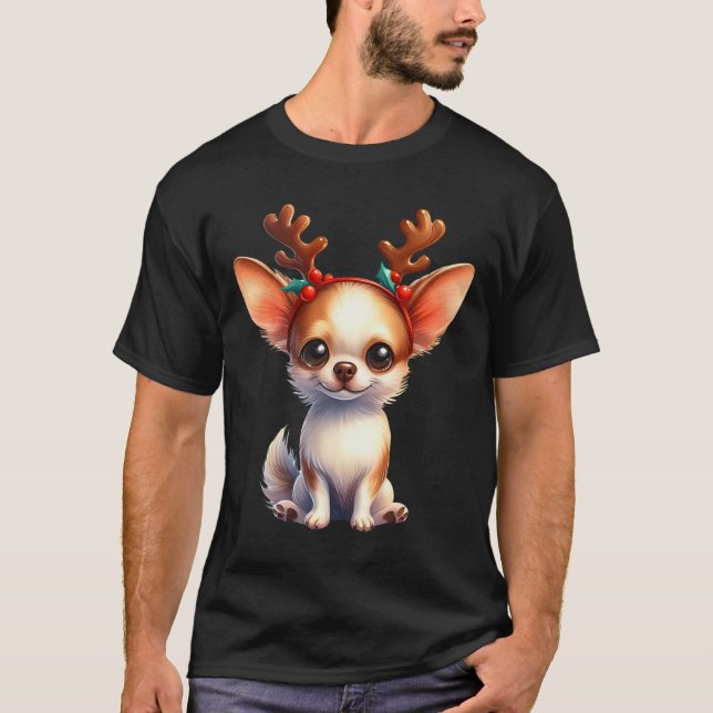 Chihuahua Reindeer Santa Hat Xmas Lights Christmas T-Shirt (Front)