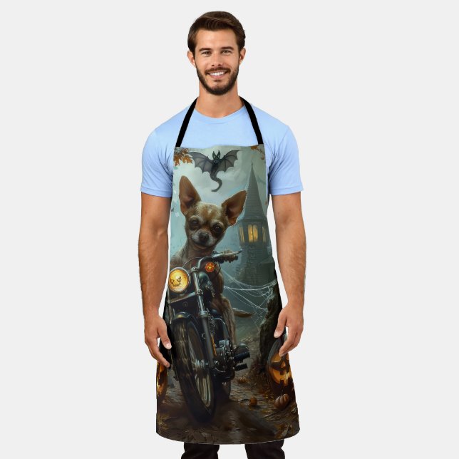 Chihuahua Riding Motorcycle Halloween Scary  Apron (Worn)