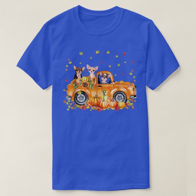 Chihuahua Riding Truck Pumpkin Autumn Leaves Fall  T-Shirt (Design Front)