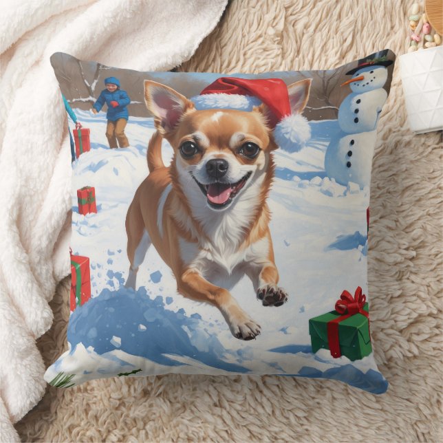 Chihuahua Running in Snow with Christmas Hat Cushion (Blanket)
