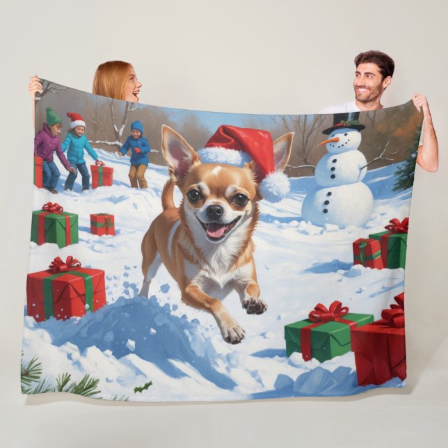 Chihuahua Running in Snow with Christmas Hat Fleece Blanket (In Situ)