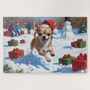 Chihuahua Running in Snow with Christmas Hat Jigsaw Puzzle
