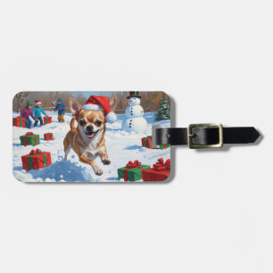 Chihuahua Running in Snow with Christmas Hat Luggage Tag