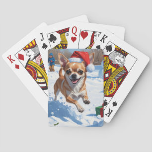 Chihuahua Running in Snow with Christmas Hat Playing Cards