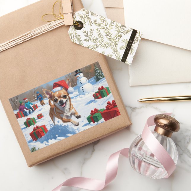 Chihuahua Running in Snow with Christmas Hat Rectangular Sticker (Gifting)