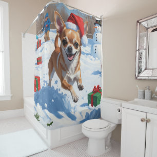 Chihuahua Running in Snow with Christmas Hat Shower Curtain