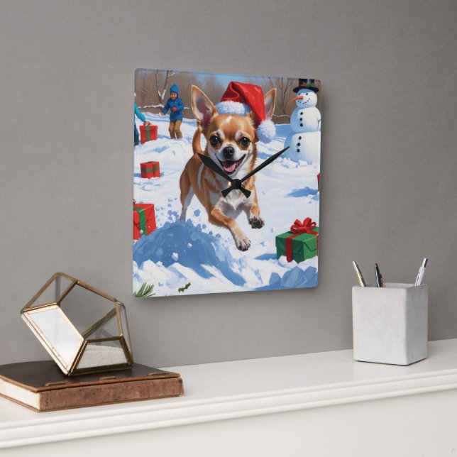 Chihuahua Running in Snow with Christmas Hat Square Wall Clock (Office)