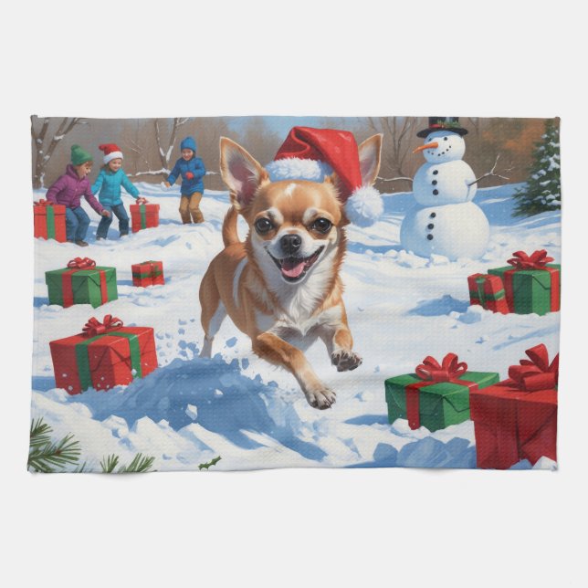 Chihuahua Running in Snow with Christmas Hat Tea Towel (Horizontal)