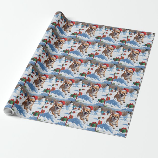 Chihuahua Running in Snow with Christmas Hat Wrapping Paper (Unrolled)