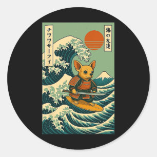 Chihuahua Samurai Surfing Japanese Wave Katana Classic Round Sticker