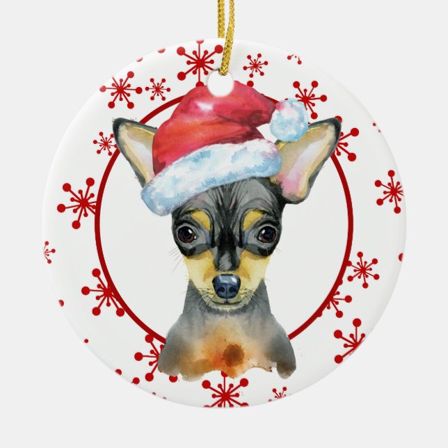 Chihuahua Santa Hat Red Snowflake Template Ceramic Ornament (Front)