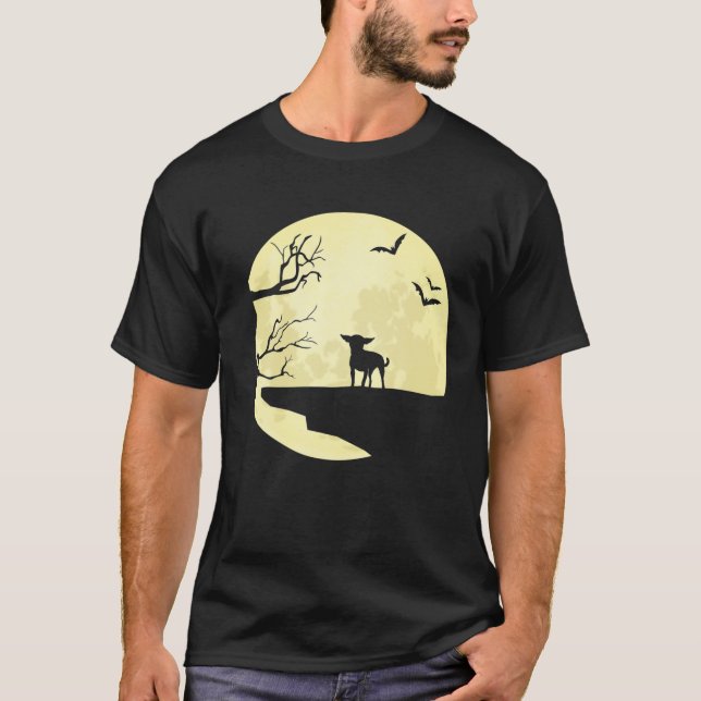Chihuahua Silhouette In Full Moon Dog Bats And Tre T-Shirt (Front)