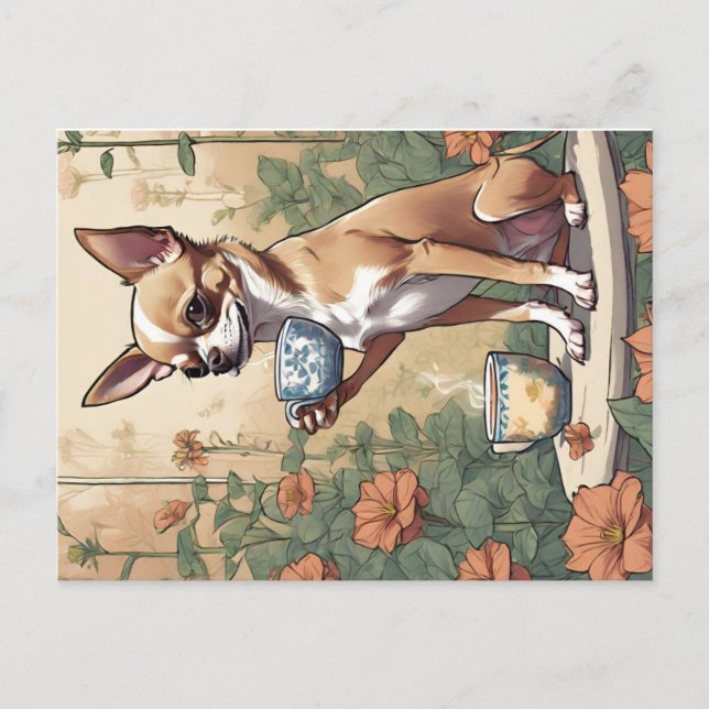Chihuahua Sipping Tea in the Garden Postcard (Front)