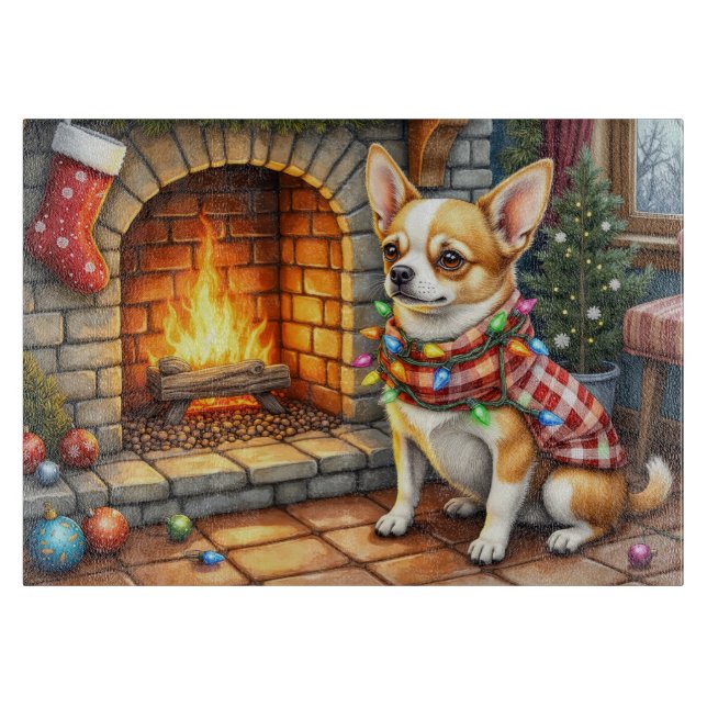 Chihuahua Sitting Fireplace with Christmas Lights Cutting Board (Front)