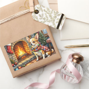 Chihuahua Sitting Fireplace with Christmas Lights Rectangular Sticker