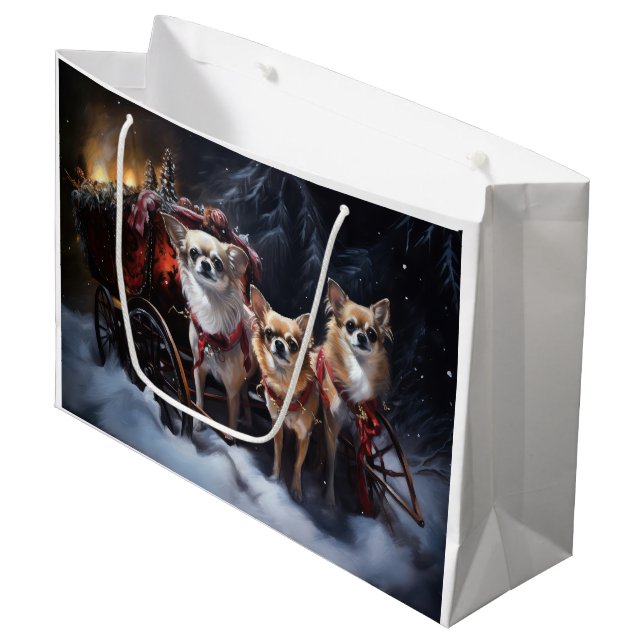 Chihuahua Snowy Sleigh Christmas Decor   Large Gift Bag (Front Angled)