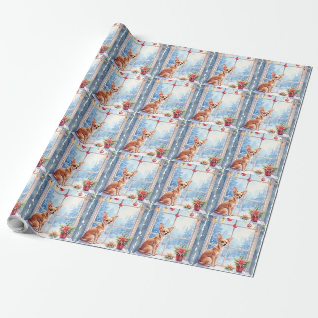 Chihuahua Snowy Windowsill Holiday Christmas Art Wrapping Paper (Unrolled)