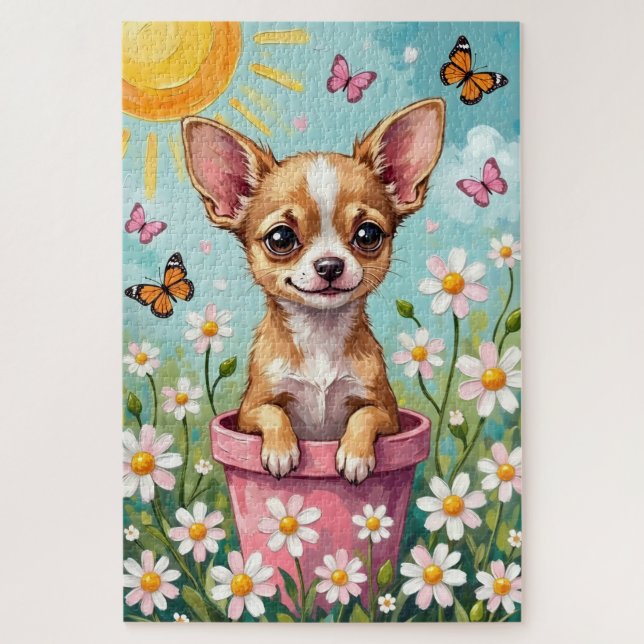 Chihuahua Spring Flower Pot Cute Dog Jigsaw Puzzle (Vertical)