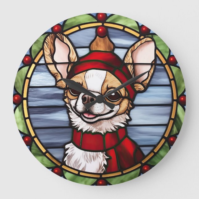 Chihuahua Stained Glass Christmas Large Clock (Front)