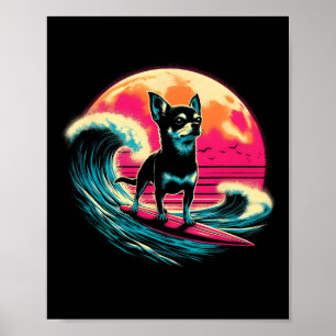 Chihuahua Surfer Retro Sunset - Chihuahua Dog Surf Poster