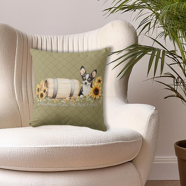 Chihuahua Tri-colour Floral Throw Pillow (Personalized Chihuahua Tri-color Floral Throw Pillow. Chihuahuas Make The Best Friends)