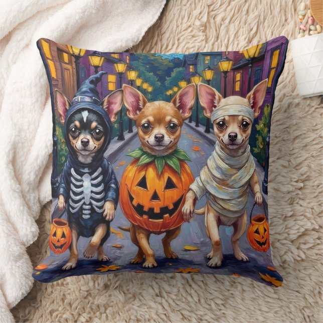 Chihuahua Trick-or-Treating in Halloween Costumes Cushion (Blanket)