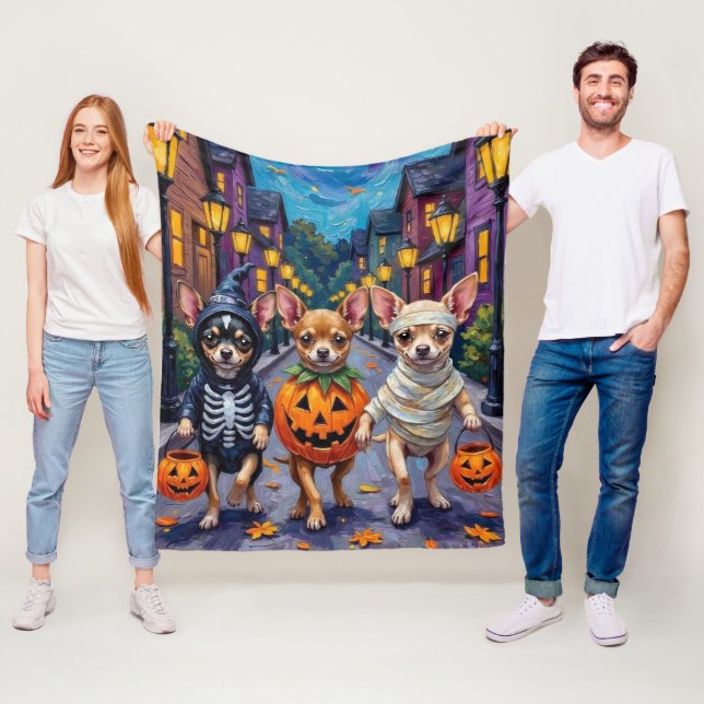 Chihuahua Trick-or-Treating in Halloween Costumes Fleece Blanket (In Situ)