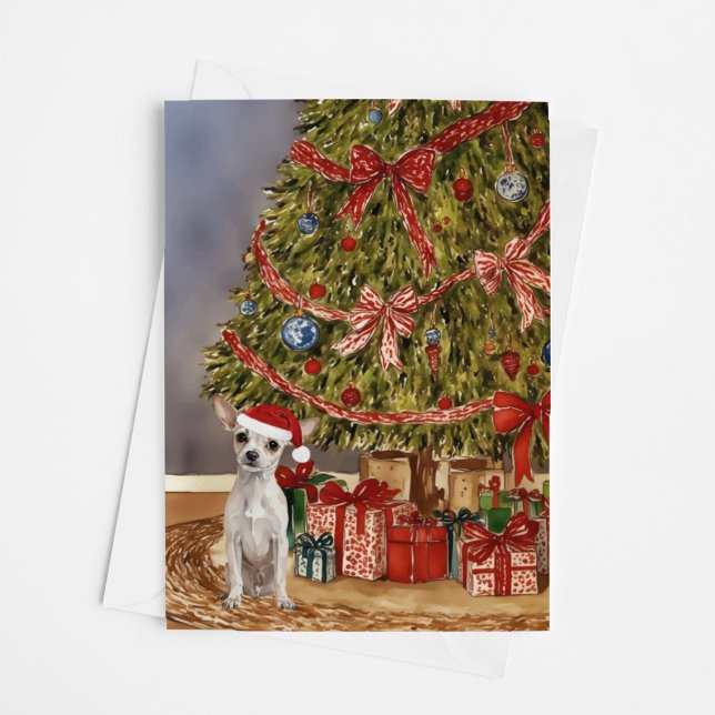 Chihuahua Watercolor Under Christmas Tree Card (Creator Uploaded)
