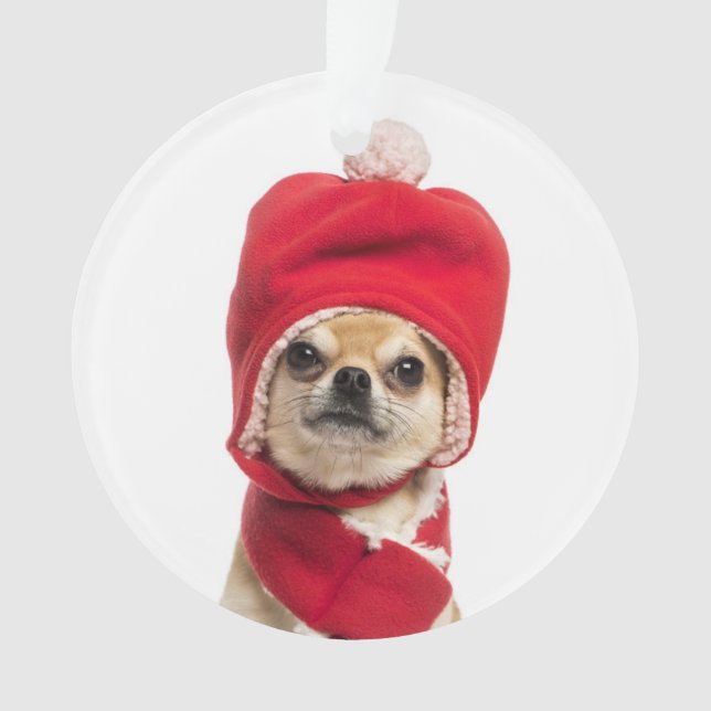 Chihuahua Wearing Christmas Hat And Scarf Ornament (Front)