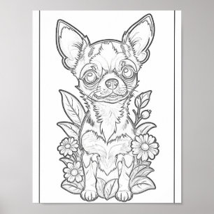 Chihuahua With Daisy Flowers Colouring Page Poster